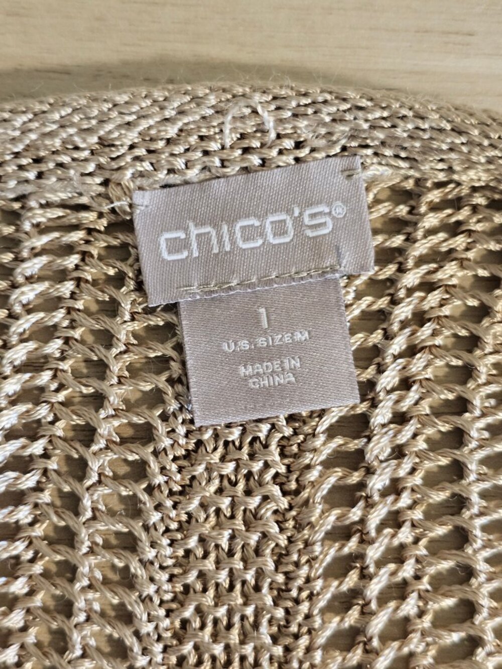 Fringe Open Knit Cardigan Chico's 1 Taupe Boho Lagenlook Fitted Sleeve Drape - Picture 5 of 11